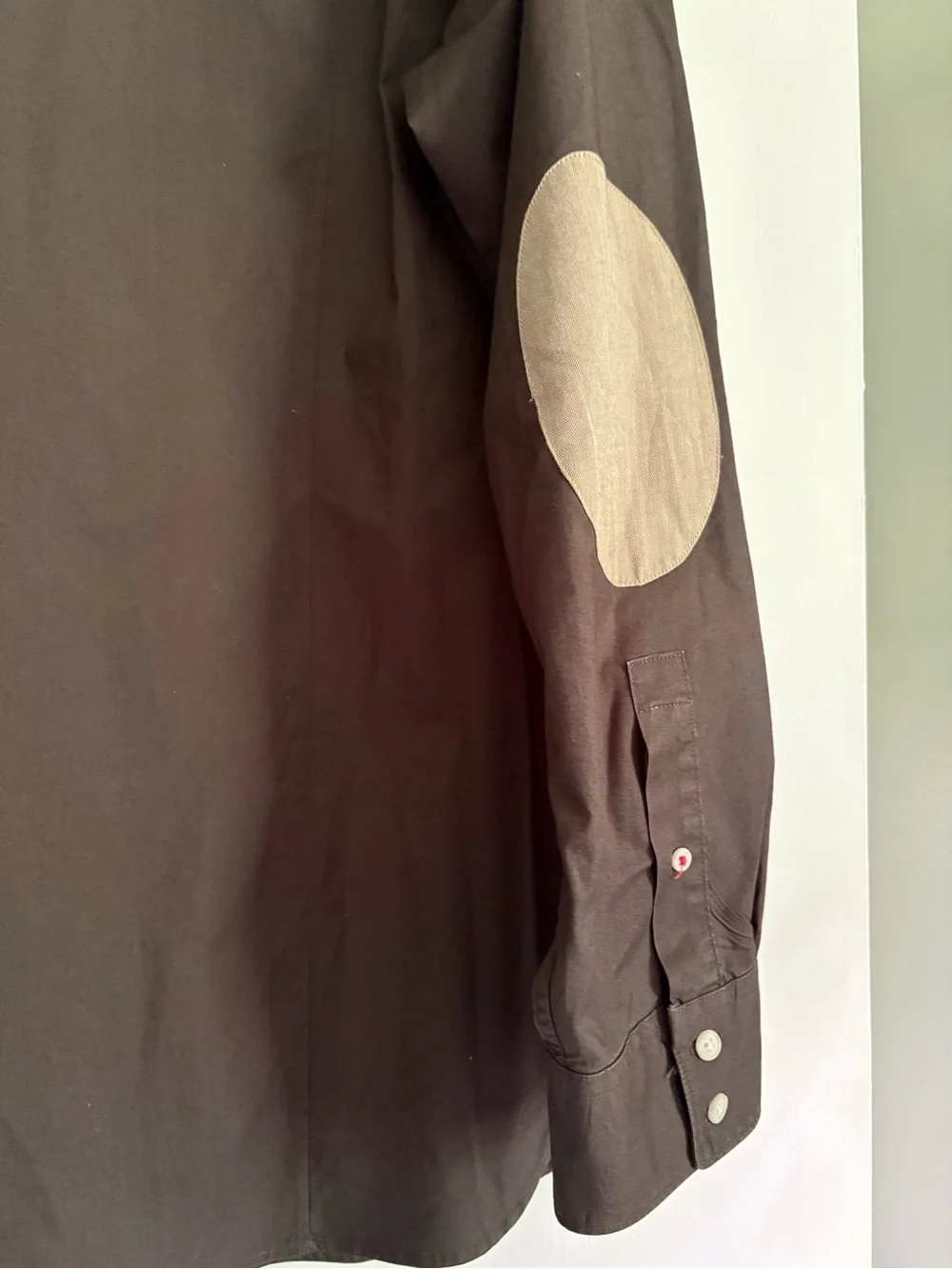 Banana Republic Men's Dark Gray Button-Down Shirt with Tan Elbow Patch
